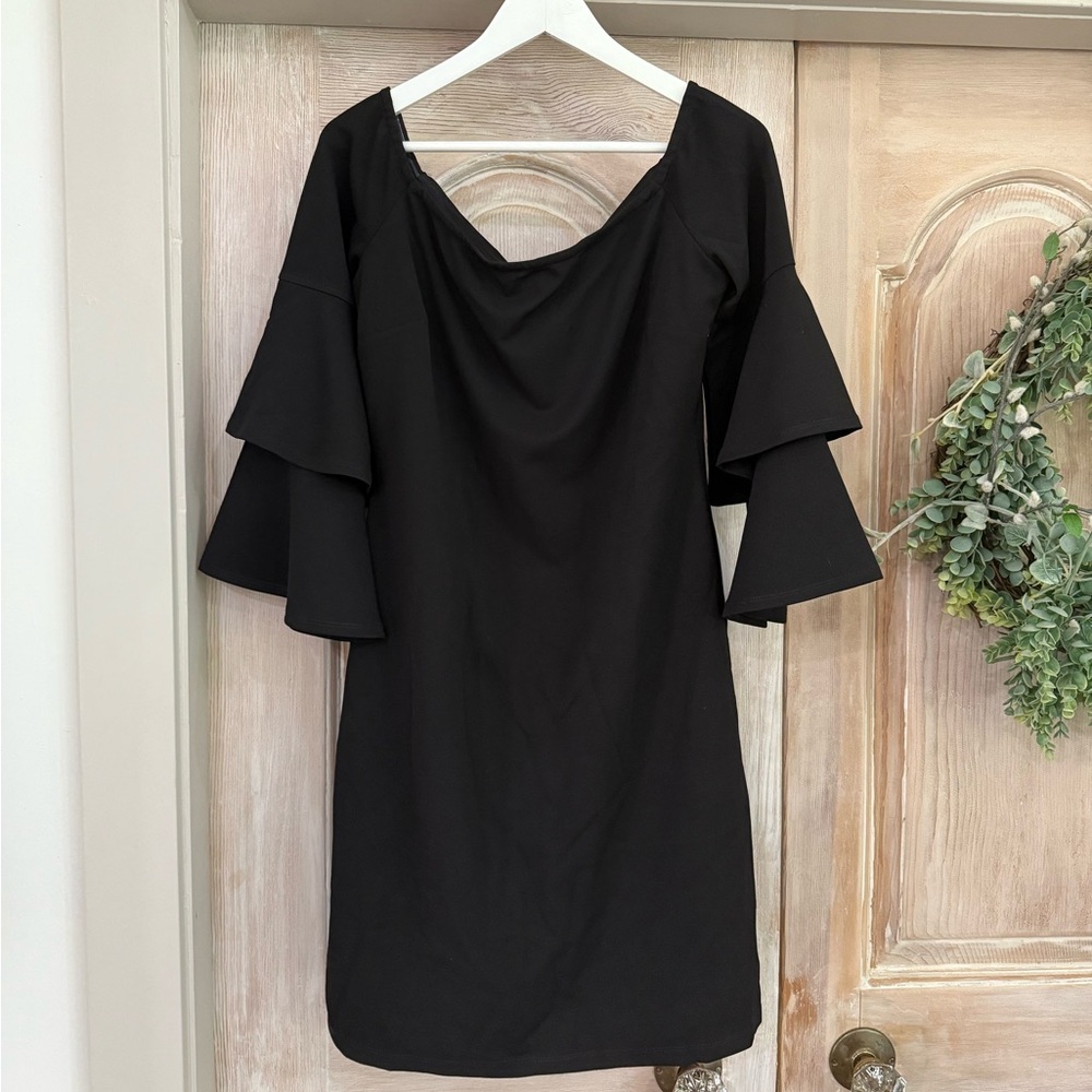 Socialite Black Sheath Dress with Bell Sleeves and Cowl Neck